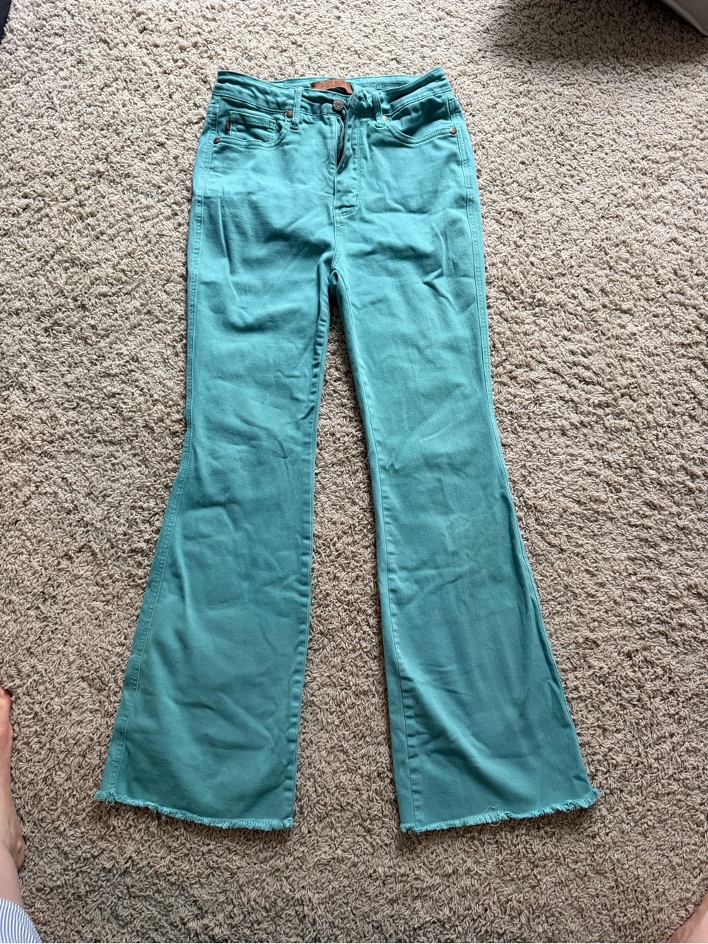 Judy Blue High waist Teal Flare Women's Jeans with raw hem